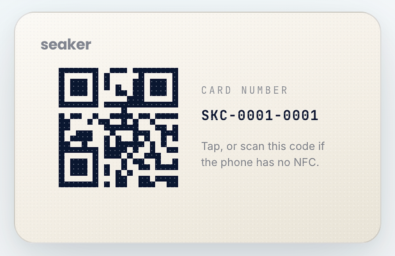 Seaker Connect card back — cream with QR code, card number SKC-0001-0001